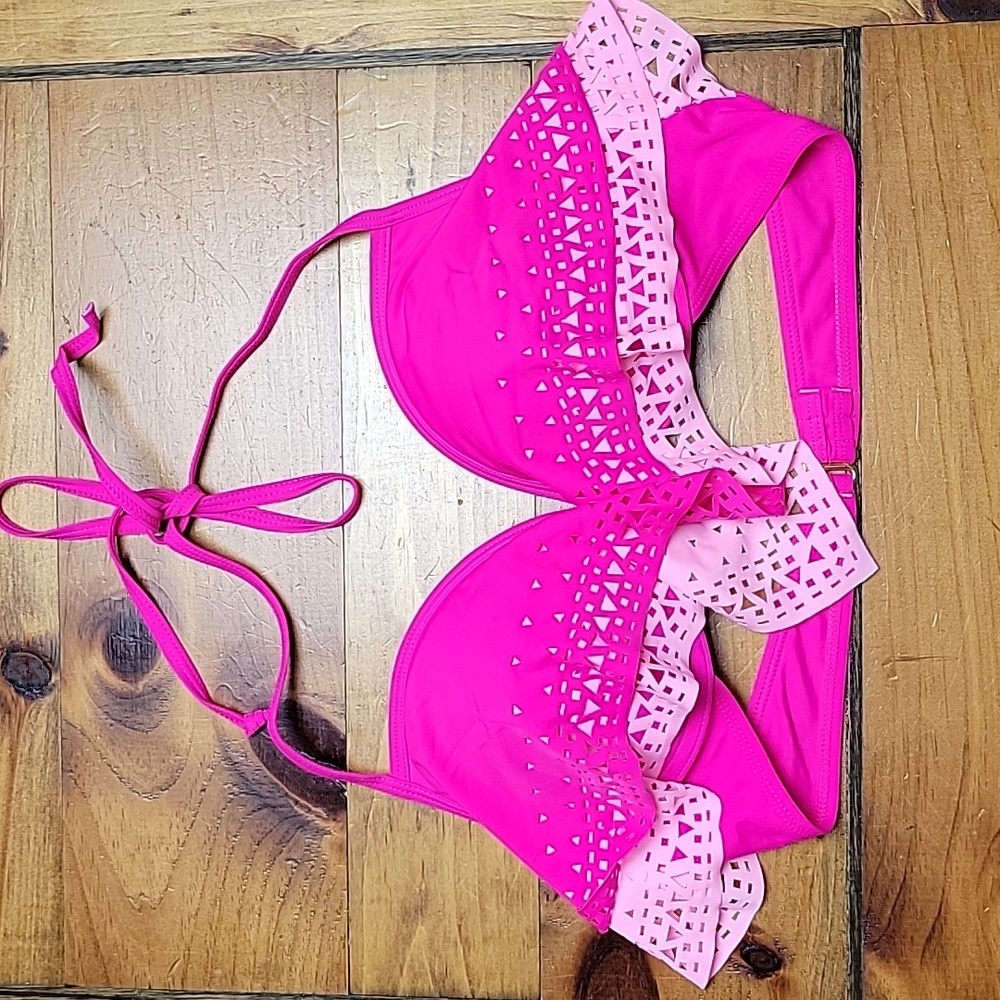 YMI Pink Padded Laser Cut Halter Bikini Top